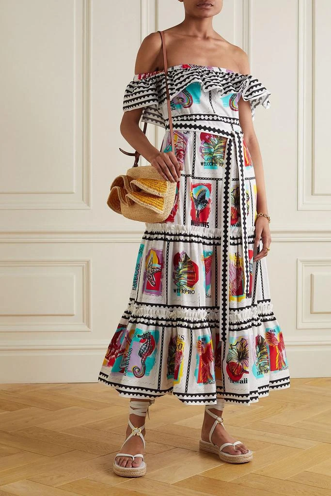 MARY KATRANTZOU Cannes off-the-shoulder tiered printed cotton-blend midi dress 2