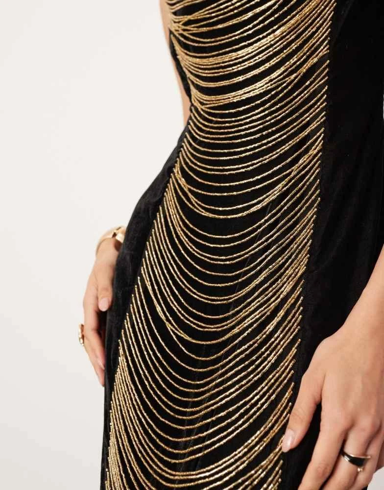 ASOS ASOS EDITION velvet embellished contour draped fringe high neck midi dress in black 4