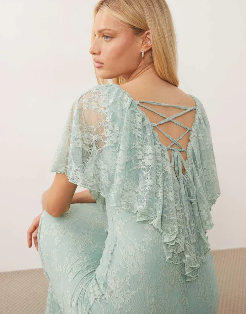 ASOS ASOS DESIGN Bridesmaids embroidered flutter sleeve bias maxi dress  with godet frill hem in light green - Dresses & Skirts - Free Shipping -  BeyondStyle
