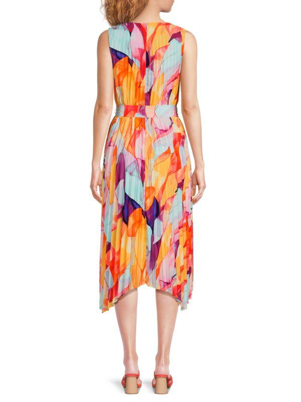 Tahari ​Pleated V-Neck Trapeze Midi Dress