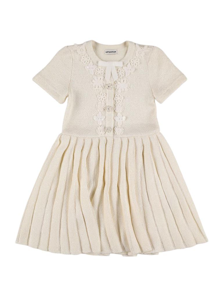 SELF-PORTRAIT Pleated Cotton Blend Dress W/appliqués