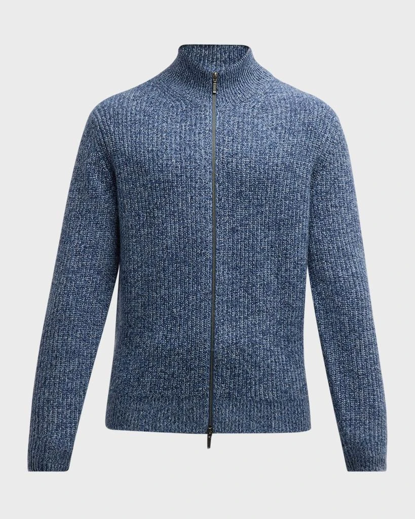 Neiman Marcus Men's Ribbed Melange Cashmere Full-Zip Cardigan 1