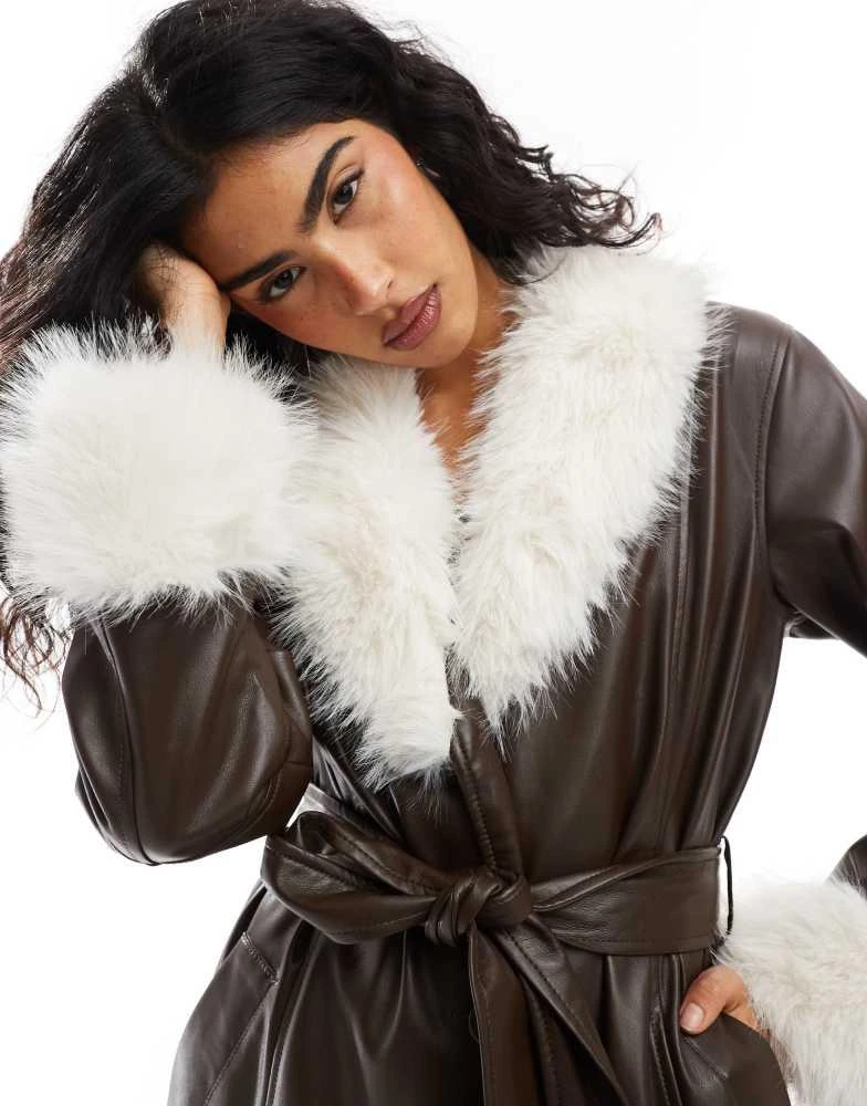 ASOS ASOS DESIGN faux fur collar and cuff longline leather look coat in chocolate 3