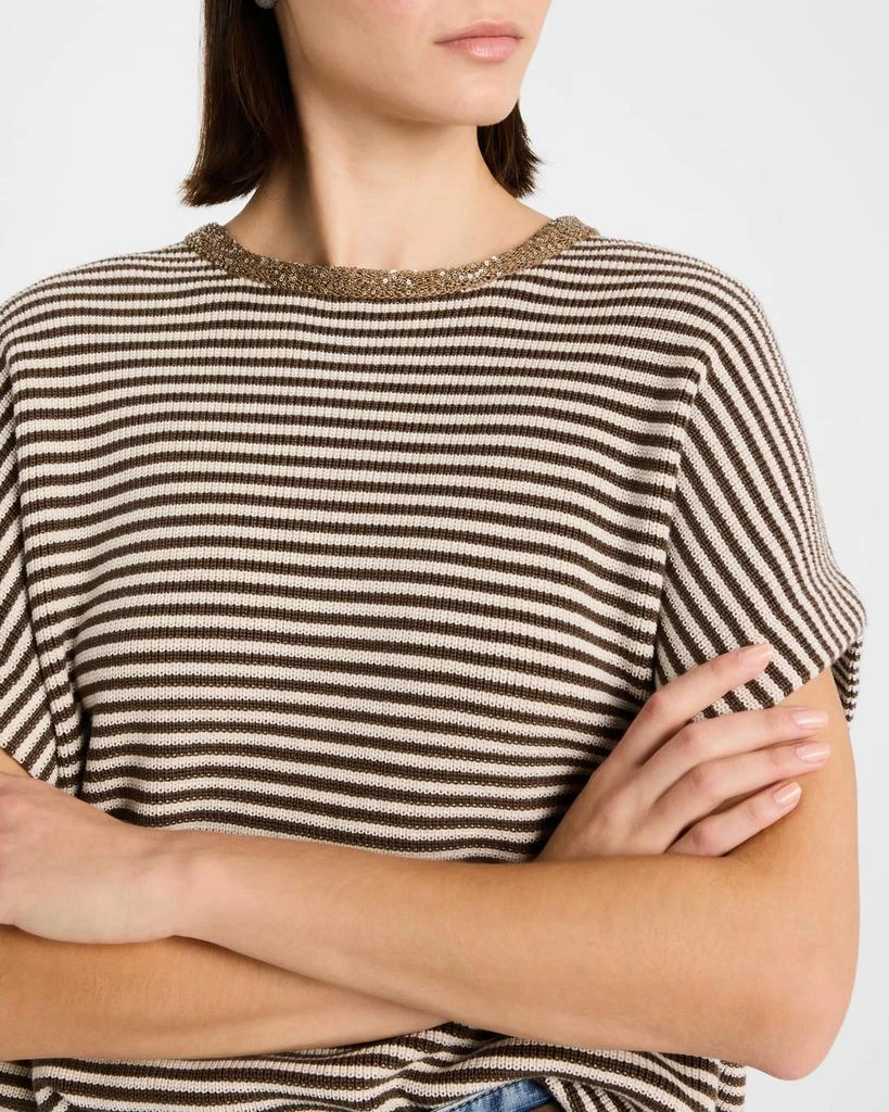 Brunello Cucinelli Striped Cotton Short-Sleeve Paillette-Neck Sweater 5