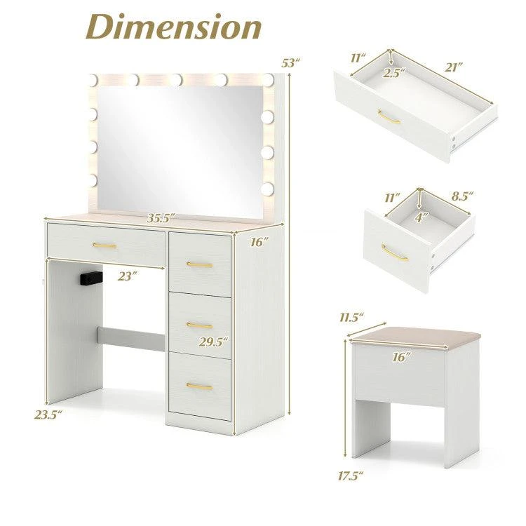 Hivvago Vanity Desk with Mirror and Lights Makeup Dressing Table with Power Outlets 5