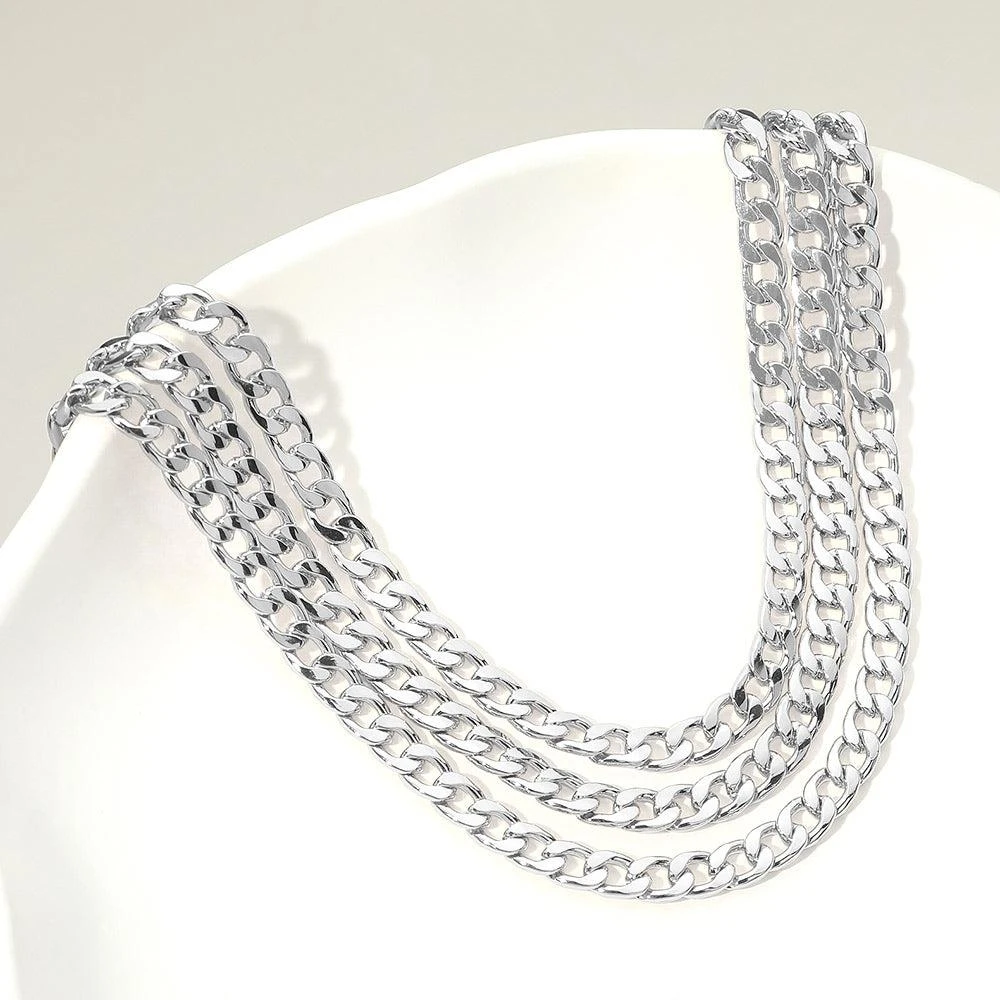 FASHNZFAB Silver Dipped Triple Layer Cuban Chain Necklace