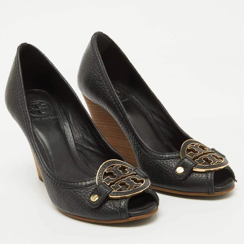Tory Burch Tory Burch Black Leather Logo Peep Toe Wedge Pumps Size 38 4