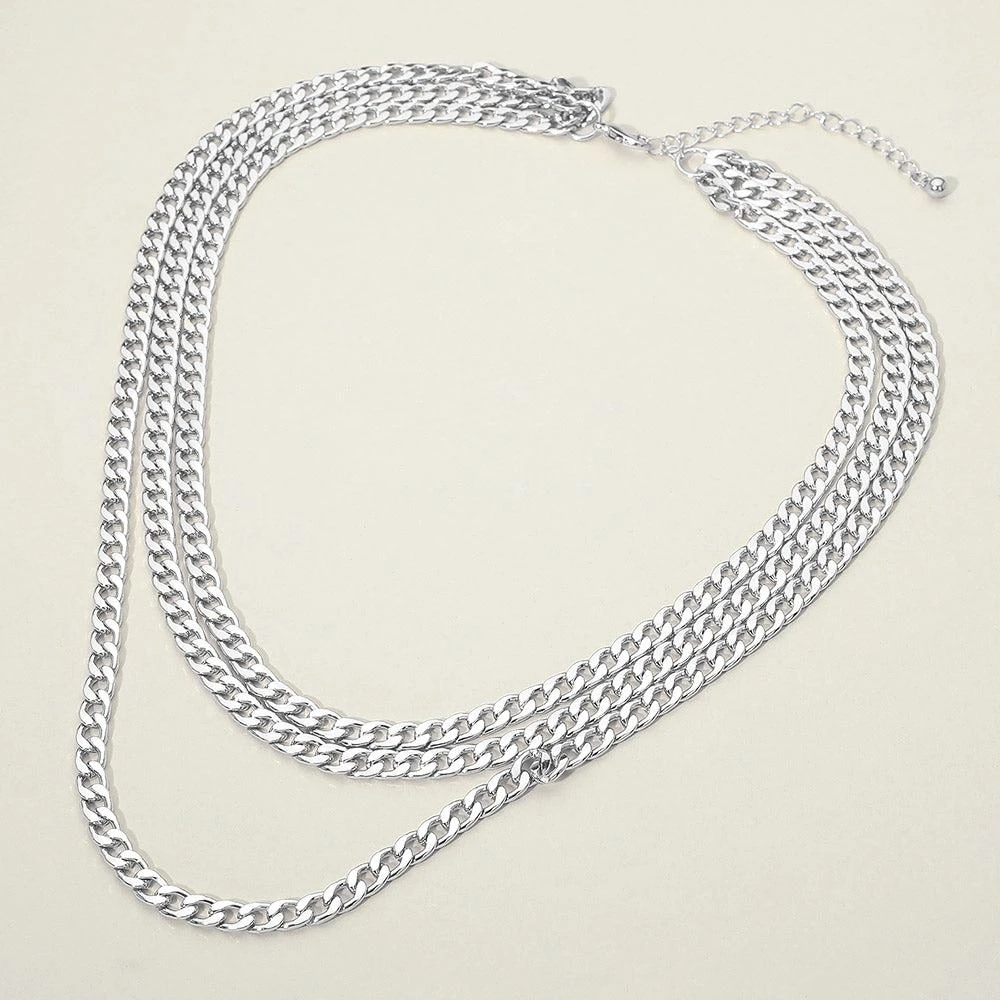 FASHNZFAB Silver Dipped Triple Layer Cuban Chain Necklace 2