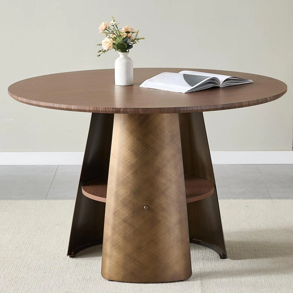 Streamdale Furniture Streamdale 47.25" Round Dining Table, Retro Style, Seats 4-6, Walnut Wood/Bronze.