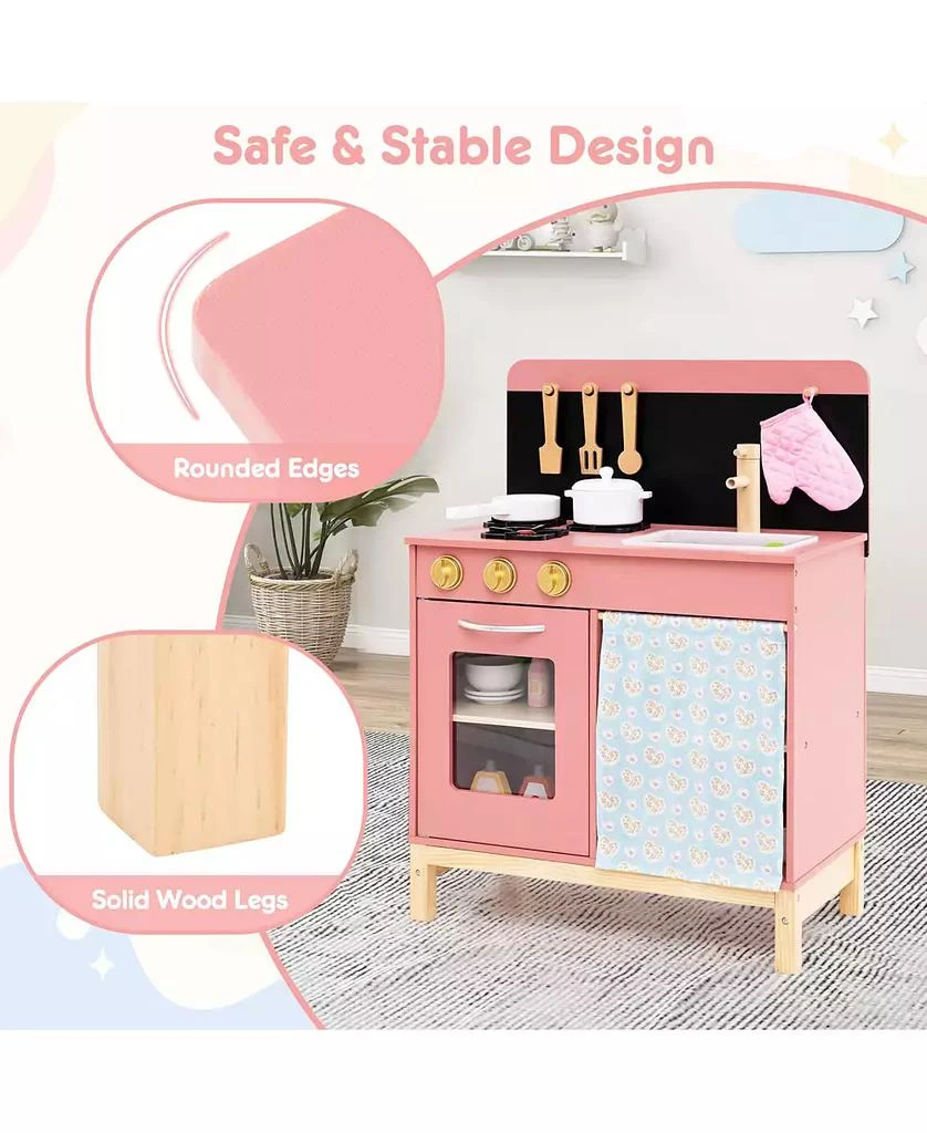 HONGGE Wooden Play Kitchen for Kids with Door Curtain and Cooking Accessories - Pink 10