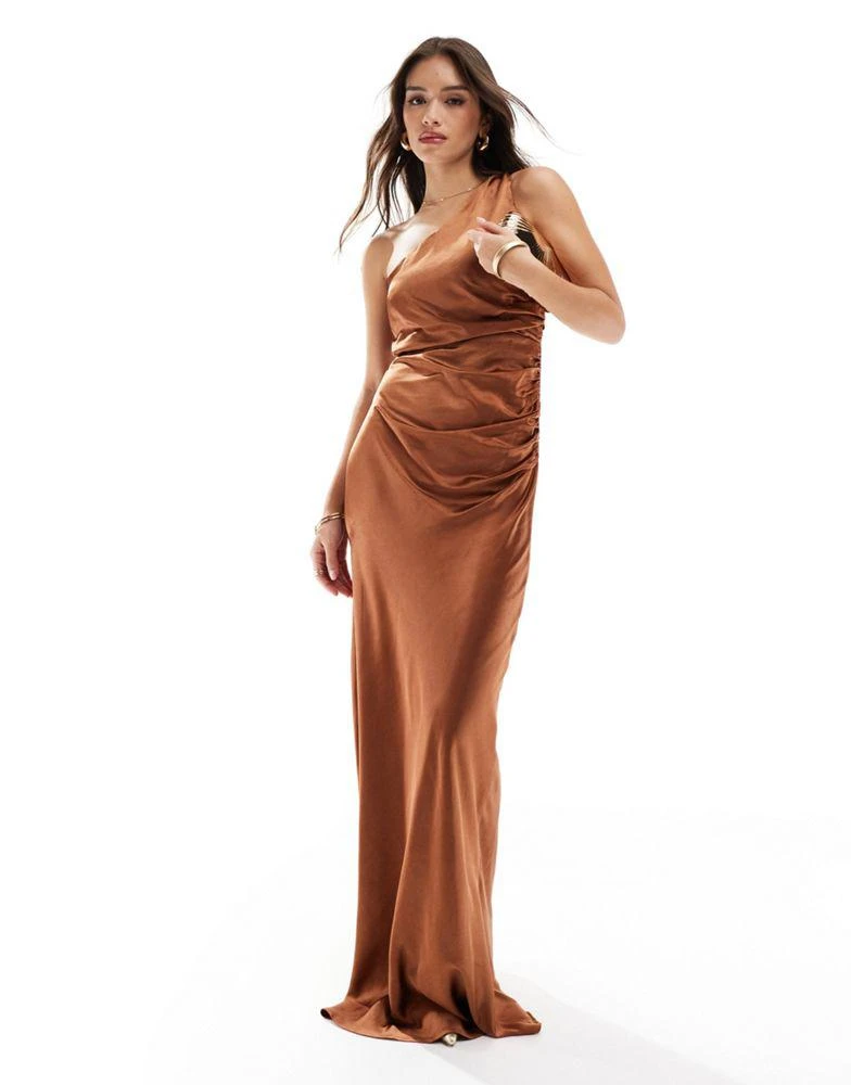 Six Stories Six Stories Bridesmaid satin one shoulder maxi dress in rust 2
