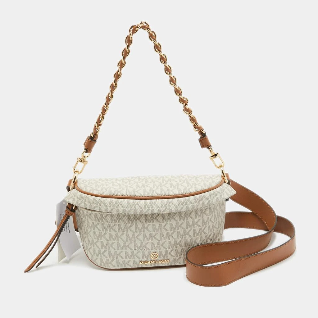 Michael Kors Michael Kors Brown/Off White Signature Coated Canvas and Leather Extra Small Slater Sling Bag 1