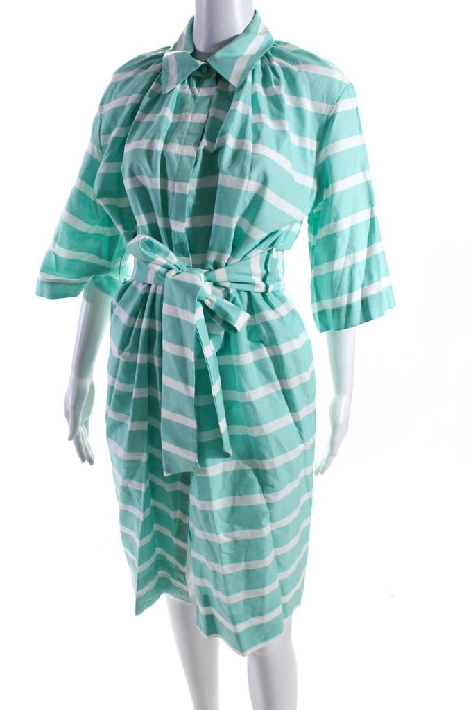 Designer Milva Mi Womens Striped Button Down Belted Dress Blue White Cotton