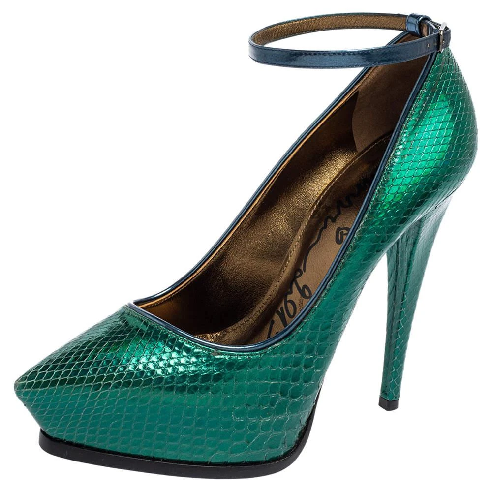 Lanvin Lanvin Green/Blue Snakeskin Leather Pointed-Toe Ankle-Strap Pumps Size 38 1