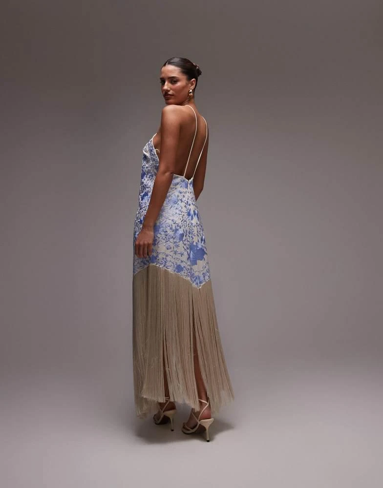 Mango Mango embroidered satin scarf dress with fringe hem in blue 4