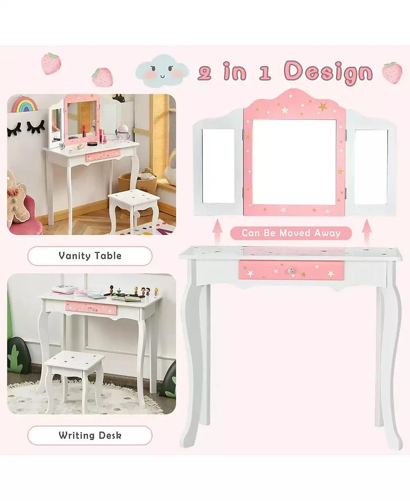GOUUN Kids Princess Vanity Table and Stool Set with Tri-folding Mirror and Drawer 8