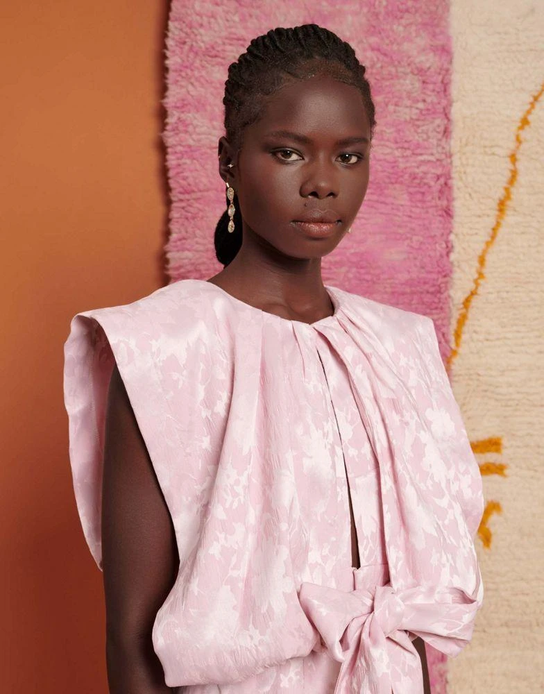 Ghospell Ghospell jacquard bow pleated mini dress in pink 4