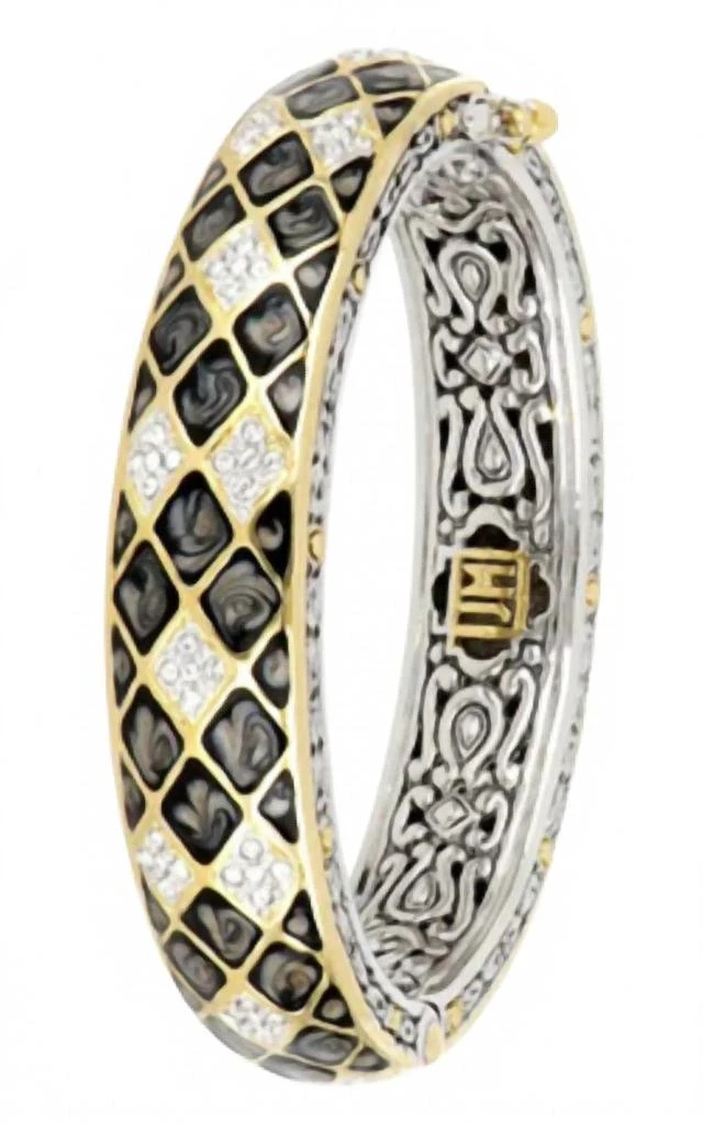 John Medeiros Lattice Collection - Black Abalone Edition - Pavé Hinged Bangle Bracelet In Gold/silver