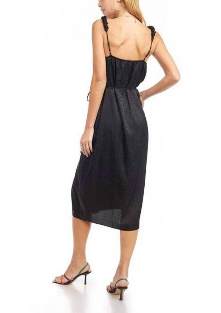 Naked Zebra Satin Scrunch Strap Midi Dress In Black