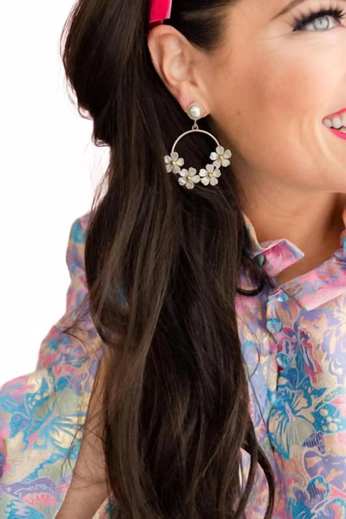 Brianna Cannon Women
s Pearl Flower Drop Hoop Earrings In White 2