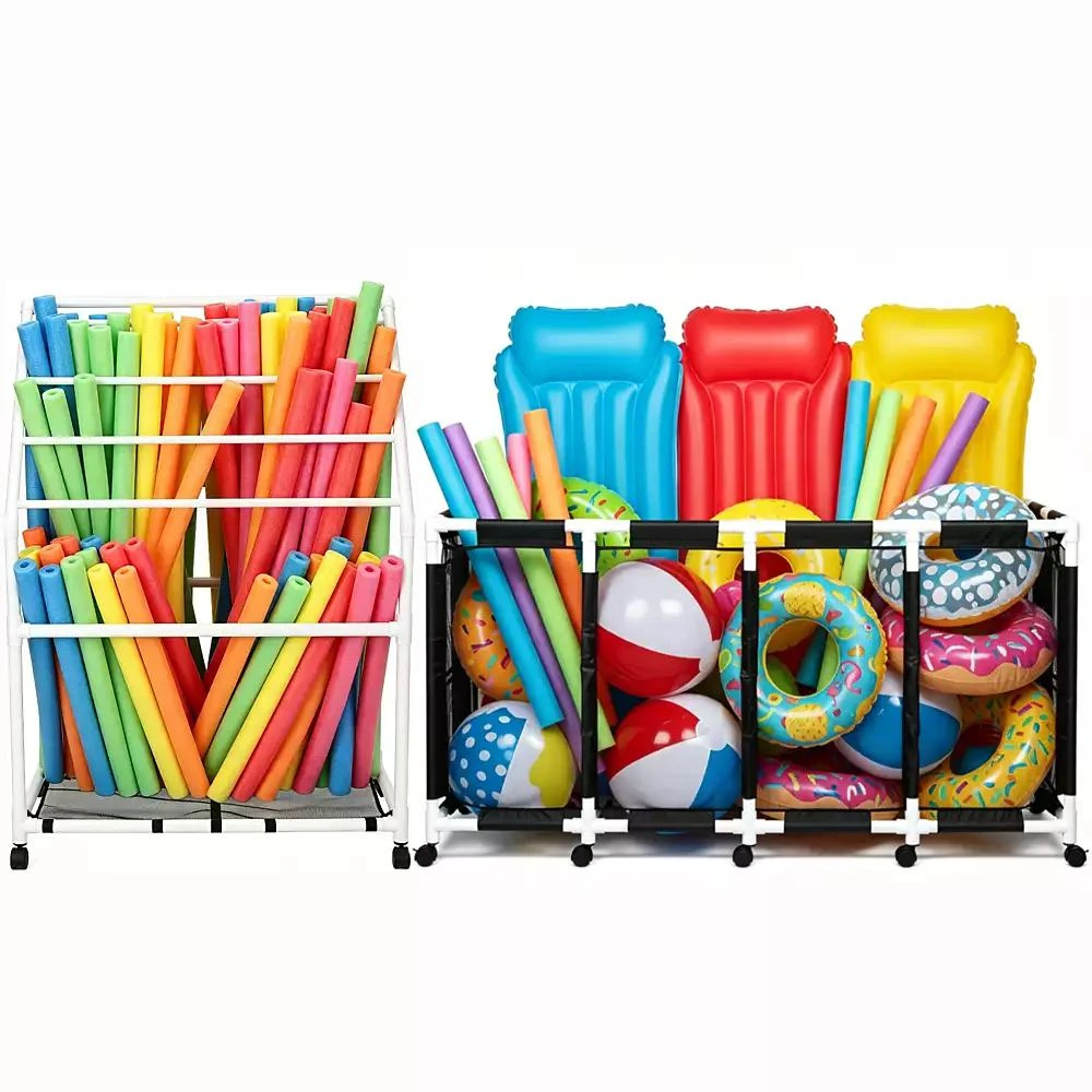 Yescom 335 Gallon PVC Framed Pool Float Storage Bin with Towel Rack Holder Set Rolling Toys Cart Organizer
