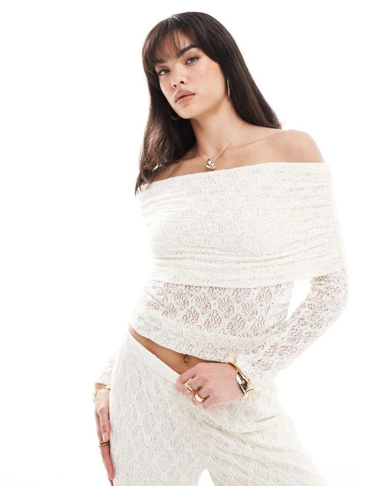 Pieces Pieces lace off the shoulder top co-ord in cream 1