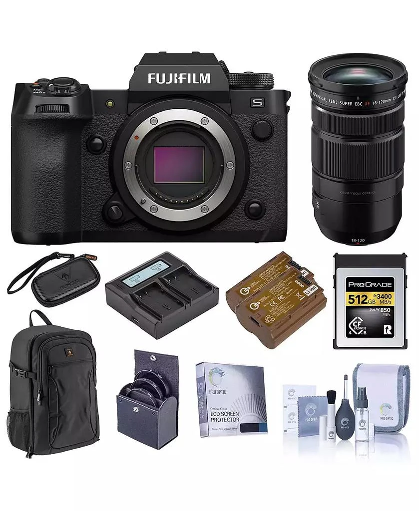 Fujifilm X-H2S Mirrorless Camera with XF 18-120mm f/4 LM PZ WR Lens, Black, Bundle with 512GB CFexpress 4.0 Memory Card, 2x Extra Battery, Dual Smart