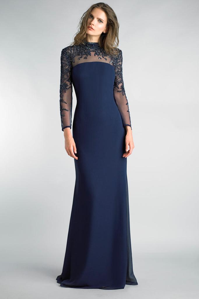 Basix Black Label Basix Beaded Mock Neck Long Sleeve Sheer Yoke Gown In Lightweight Fabric