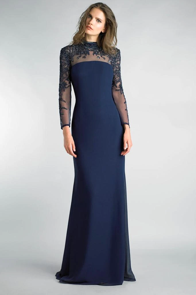 Basix Black Label Basix Beaded Mock Neck Long Sleeve Sheer Yoke Gown In Lightweight Fabric 1