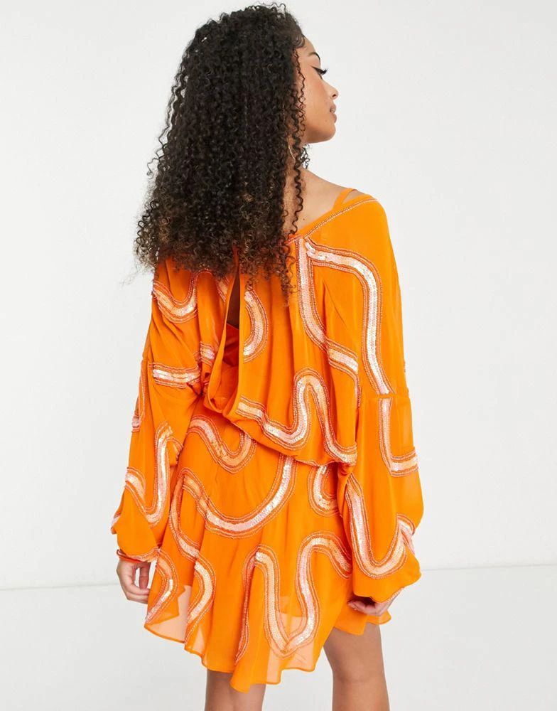 ASOS DESIGN ASOS DESIGN Tall rouleaux loop tie waist mini dress with swirl embellishment in orange 2