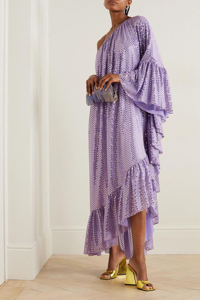 Halpern One-sleeve polka-dot chiffon maxi dress