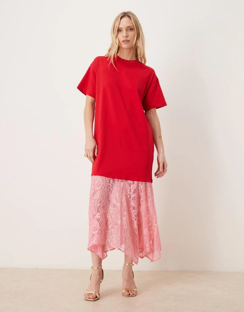 Never Fully Dressed Never Fully Dressed Petite oversized jersey t-shirt maxi dress with lace skirt in red and pink 2