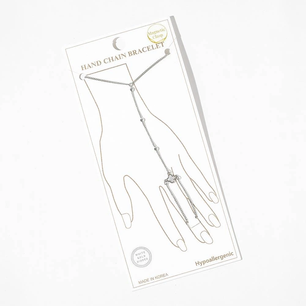 FASHNZFAB White Gold Dipped Delicate Beaded Mother of Pearl Quatrefoil Accent Hand Chain Magnetic Bracelet