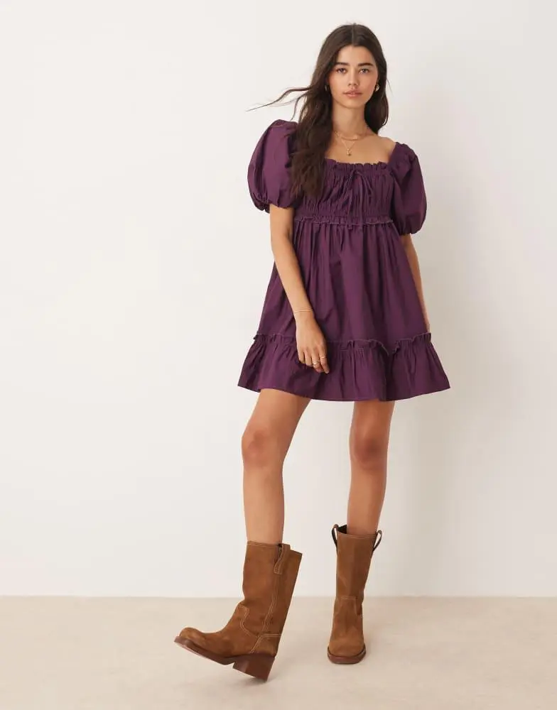 Miss Selfridge Miss Selfridge puff sleeve mini dress in plum 2