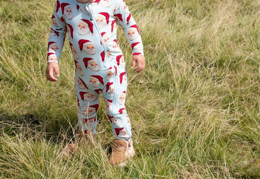 Pink Chicken Holiday Bamboo Romper In Blue Vintage Santas