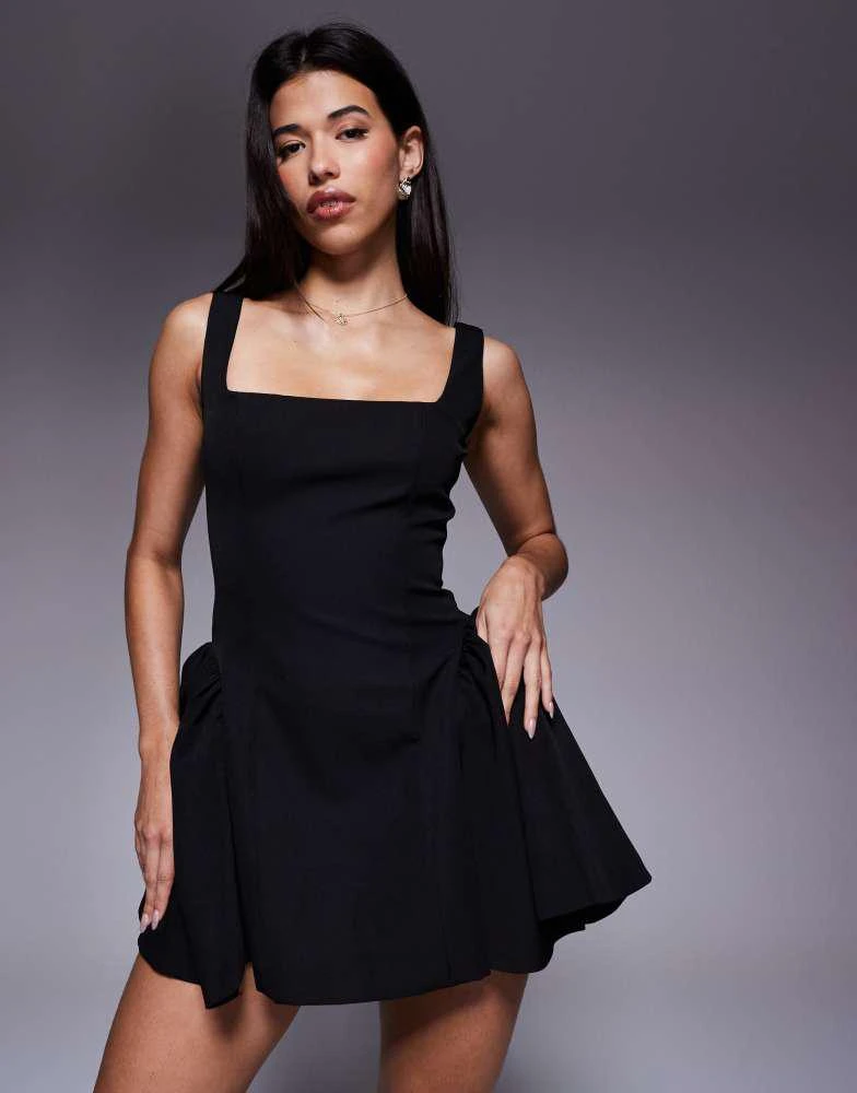 Wanderdoll Sabrina tailored square neck structured side pleat mini dress in Black