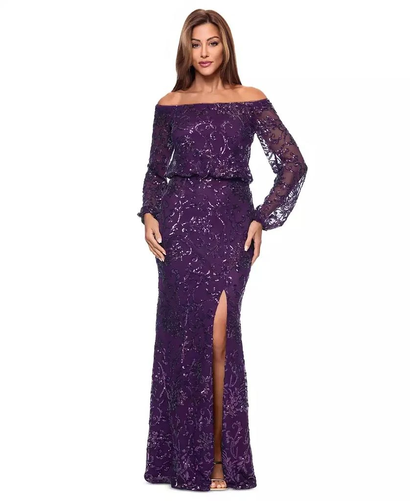 XSCAPE Petite Sequin Off-The-Shoulder Side-Slit Gown 1