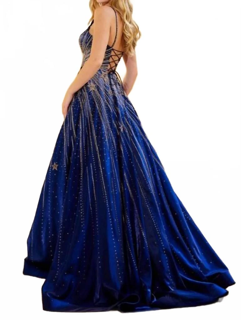 AMARRA Satin Rhinestone Ball Gown In Navy/rose Gold 2
