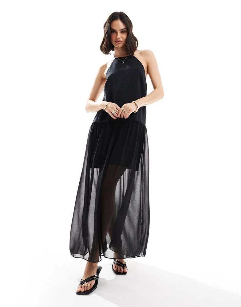 ASOS ASOS DESIGN halter trapeze cupro and chiffon maxi dress in black 1