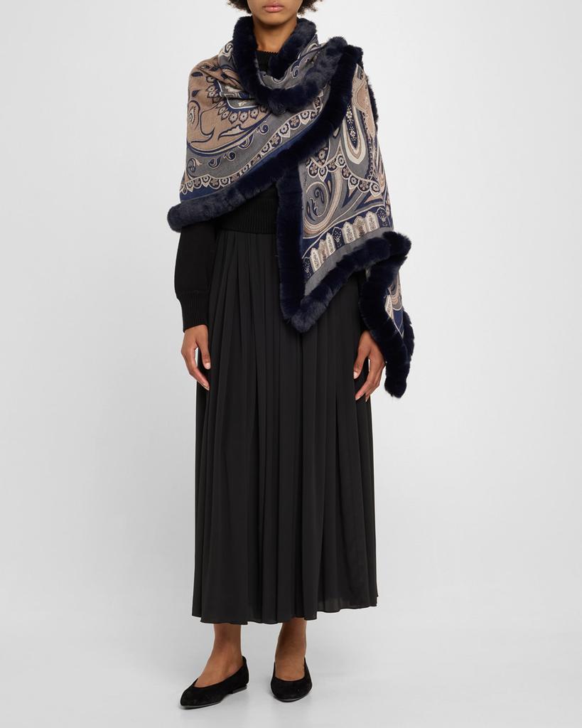 La Fiorentina Paisley-Print Cashmere-Blend Wrap with Faux Fur Trim