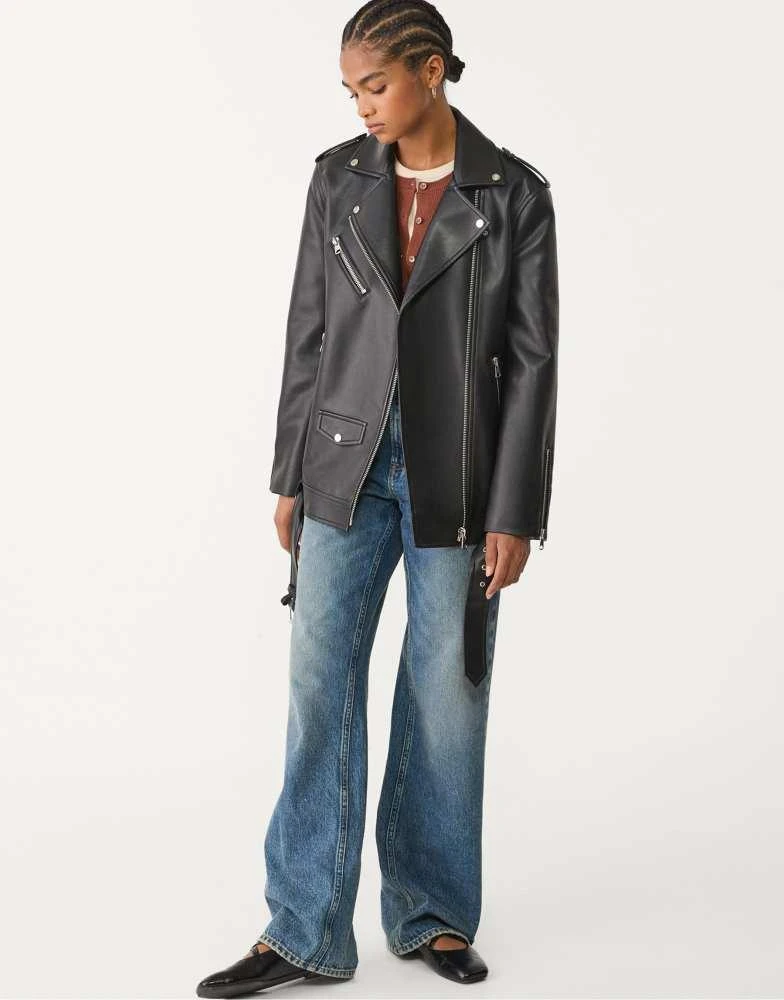 Stradivarius Stradivarius oversized faux leather biker jacket in black 1
