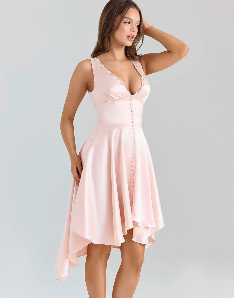 House of CB House of CB Sabella pink satin asymmetric handkerchief hem midi dress in pink 2