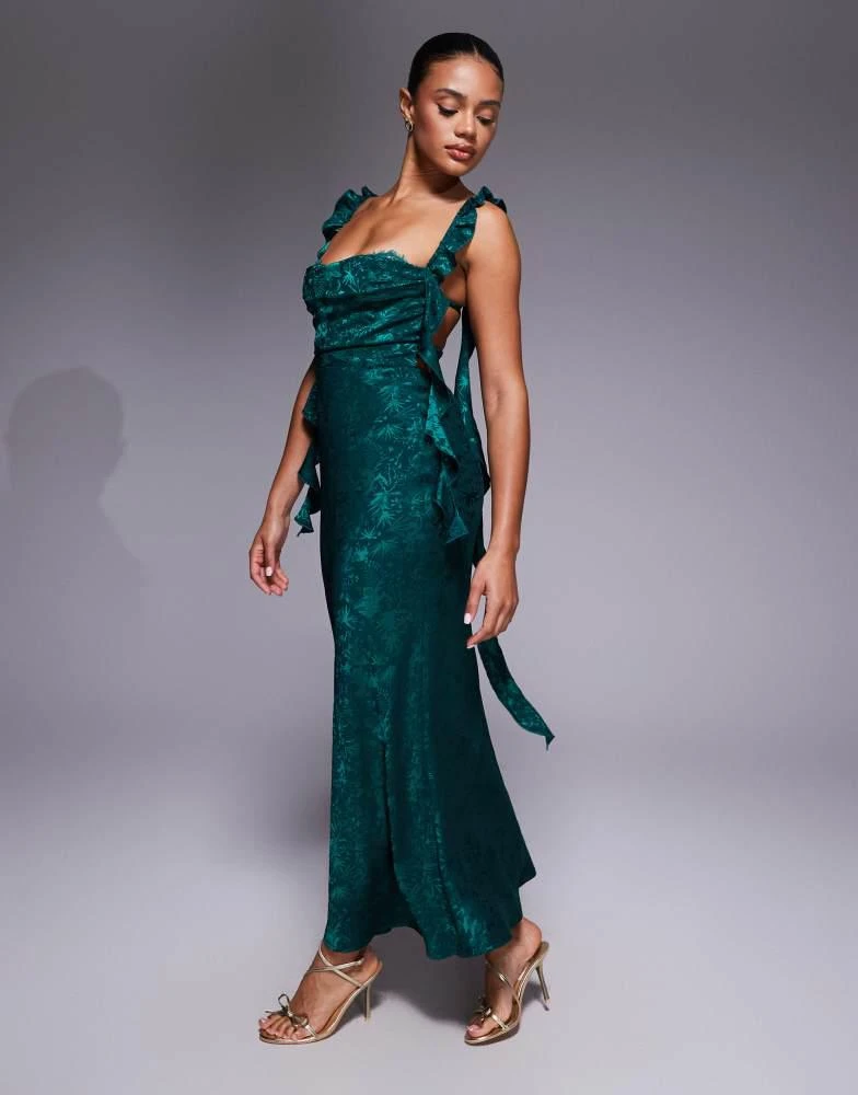 Rare Rare London satin jacquard lace bust detail ruffle detail maxi dress in EMERALD - EMERALD - UK 14 Rare Rare London satin jacquard lace bust detail ruffle detail maxi dress in EMERALD - EMERALD - UK 14