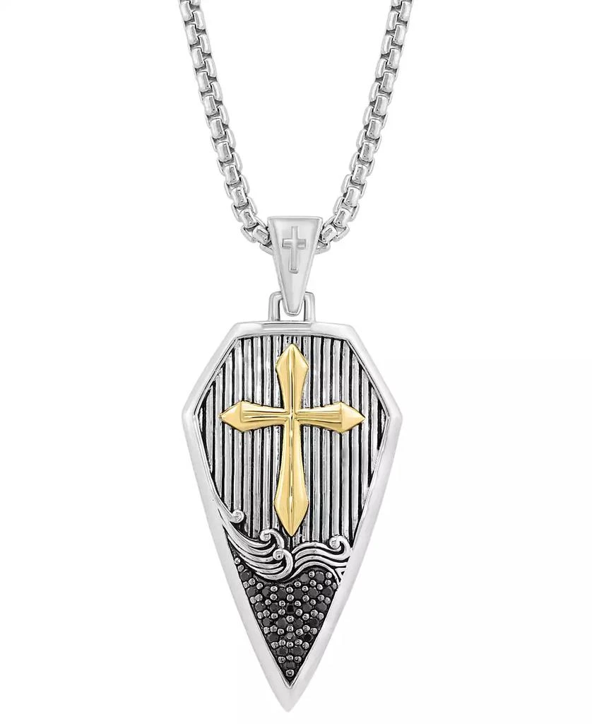 Effy EFFY® Men's Black Zircon (1/8 ct. t.w.) Cross Shield 22" Pendant Necklace in Sterling Silver & 18k Yellow Gold Over Sterling Silver 1