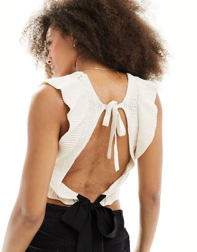 Miss Selfridge Miss Selfridge crochet frill sleeve detail open back contrast bow top in cream 2