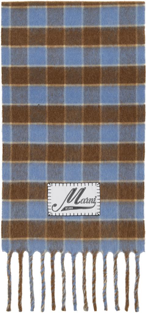 Marni Blue & Brown Double Check Logo Wool Mohair Scarf