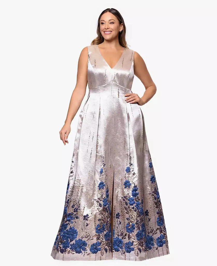 Betsy & Adam Plus Size Jacquard Print V-Neck Gown - Champagne Blue - Size 16W Betsy & Adam Plus Size Jacquard Print V-Neck Gown - Champagne Blue - Size 16W