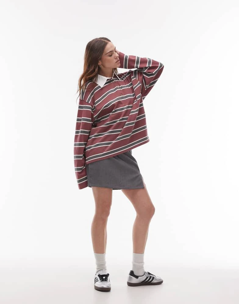 Topshop Topshop stripe long sleeve rugby polo top in burgundy 2