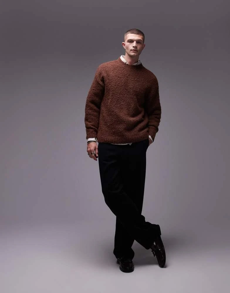 Topman Topman relaxed fit boucle jumper in brown 2