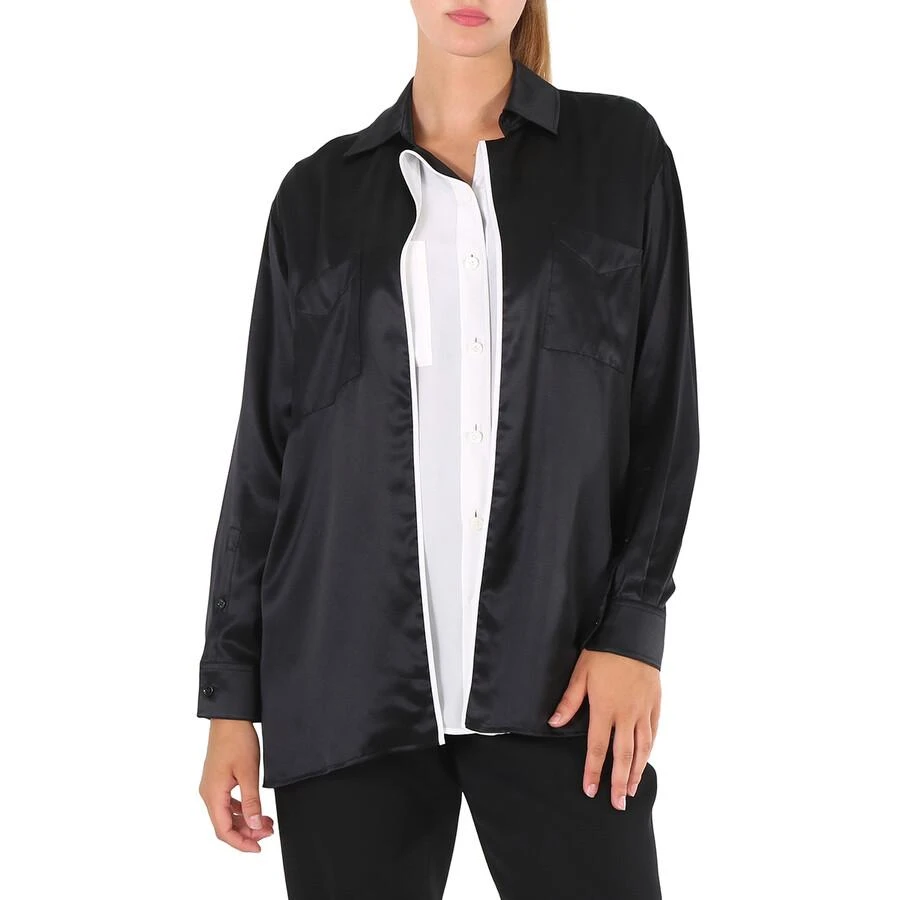 Burberry Burberry Ladies Black Logo Applique Silk Satin Long Sleeve Shirt, Brand Size 6 (US Size 4) 1